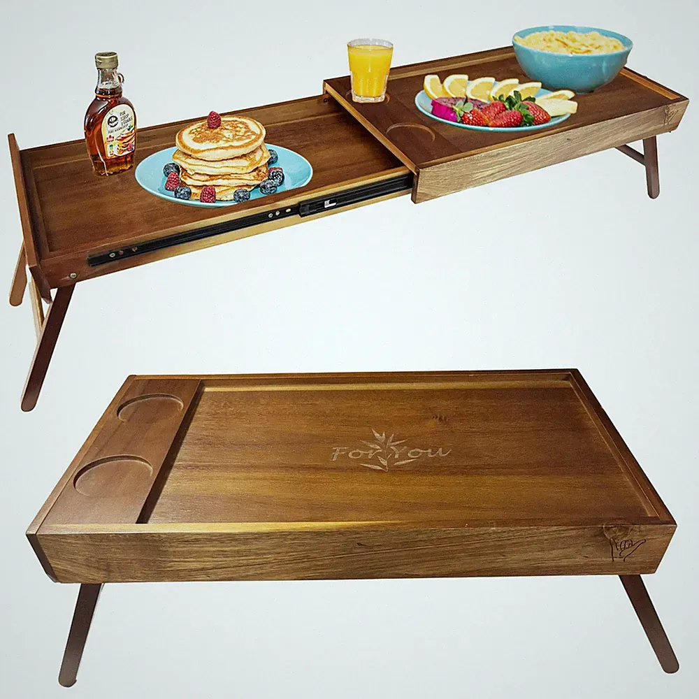 Acacia Wood Breakfast Bed Tray Table for Two, Foldable Couch Tray with Cup Reces