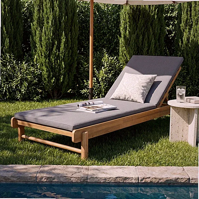 Acacia Wood Chaise Lounge Set w/ 2-Fold Dark Grey Cushion 400 lbs Capacity