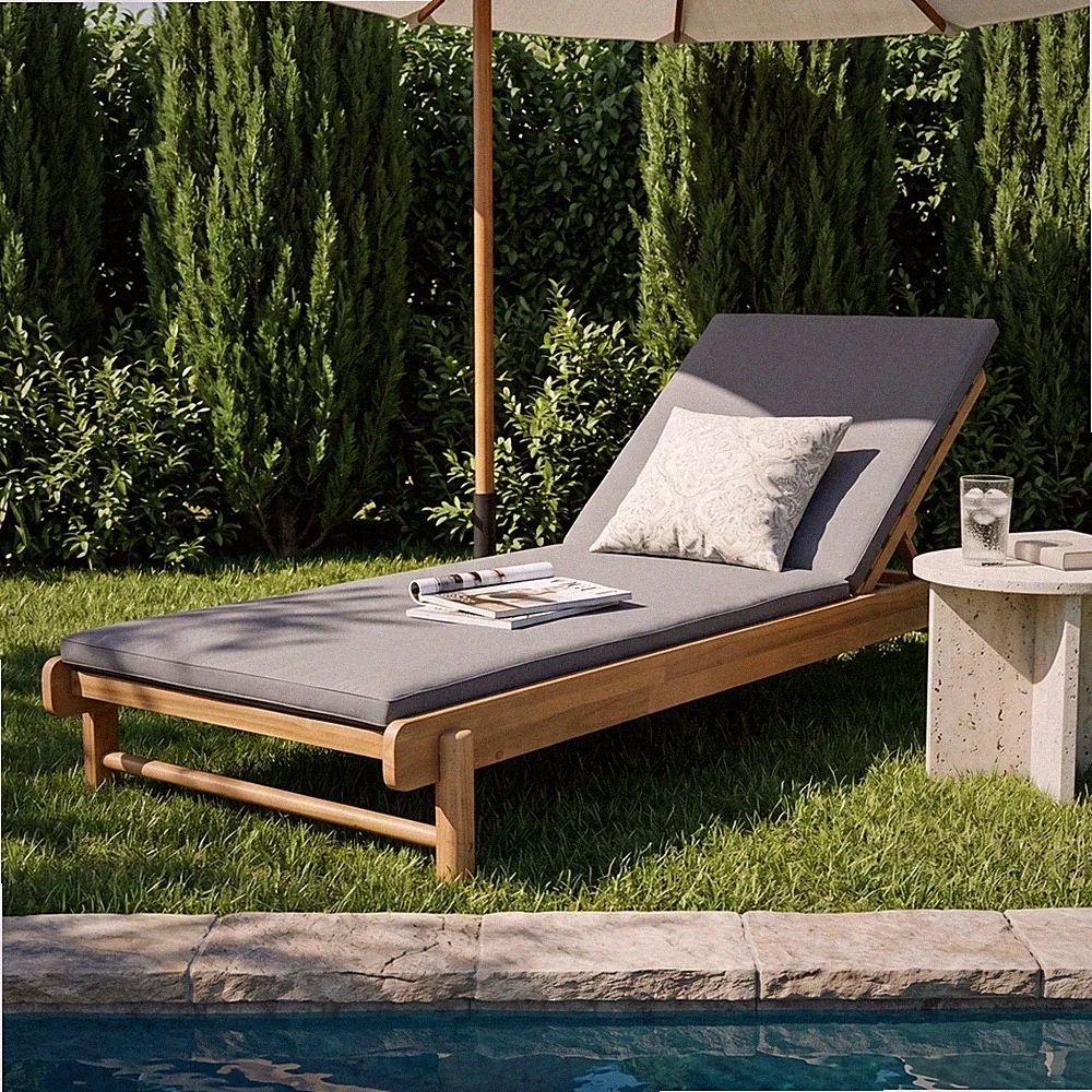 Acacia Wood Chaise Lounge Set w/ 2-Fold Dark Grey Cushion 400 lbs