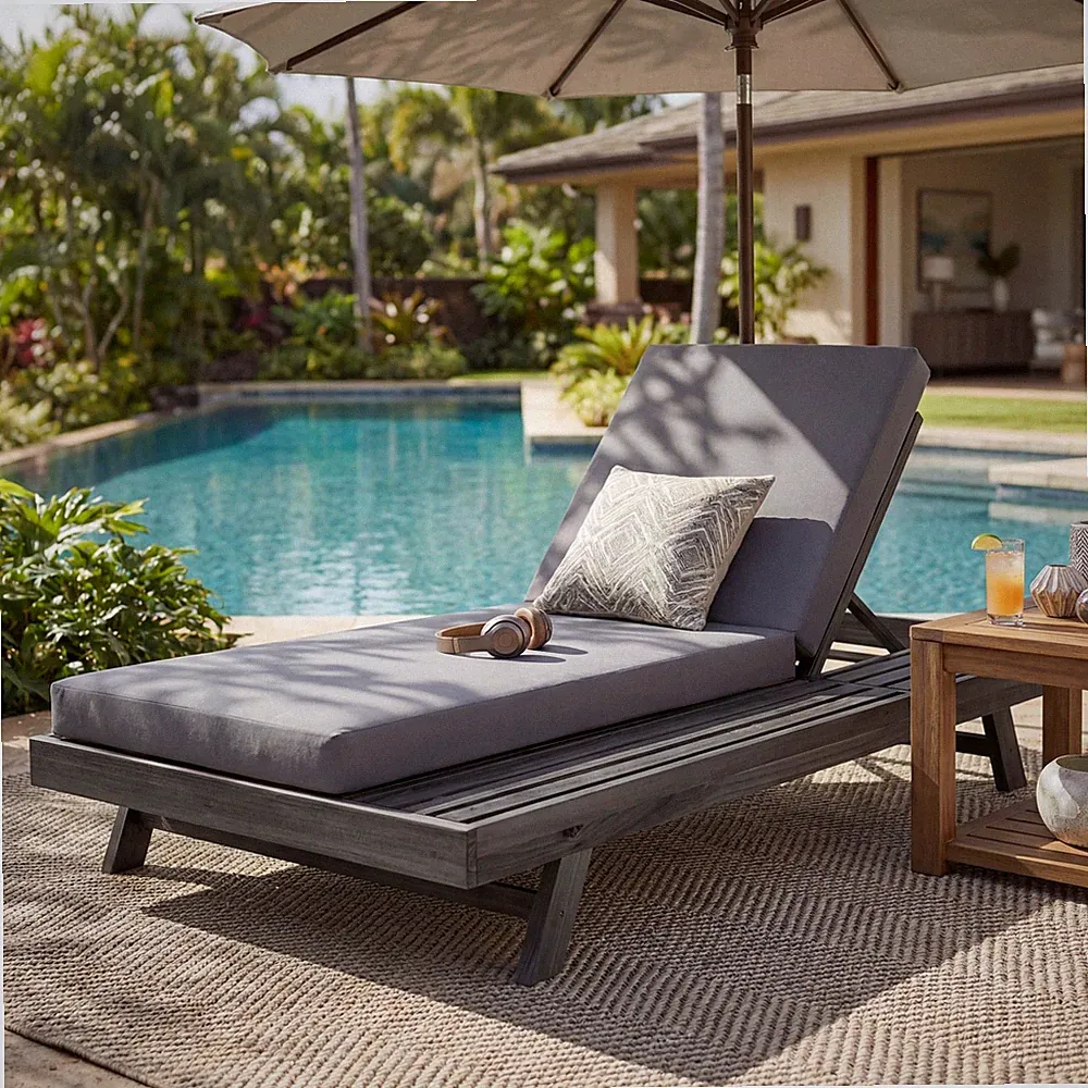 Acacia Wood Chaise Lounge Set w/ 4" Cushion, Black & Dark Grey