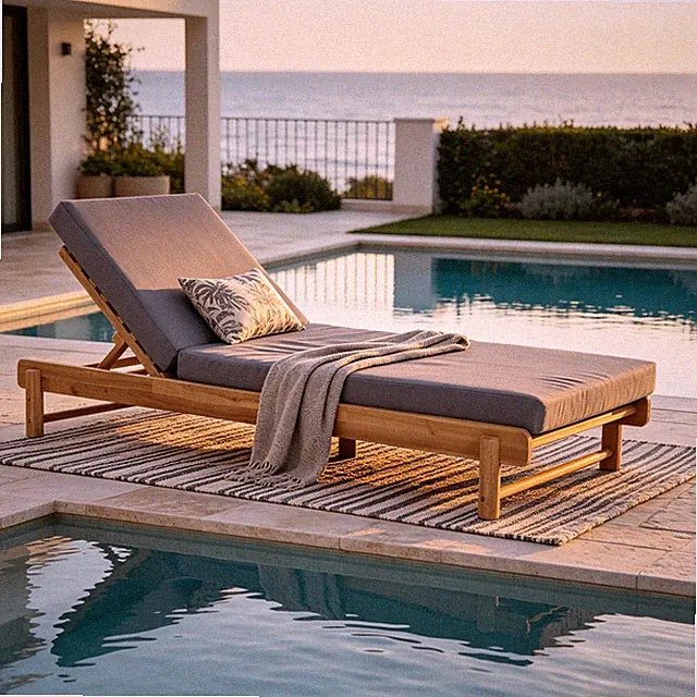Acacia Wood Chaise Lounge Set w/ 4" Thick Dark Grey Cushion, 400 lbs Cap