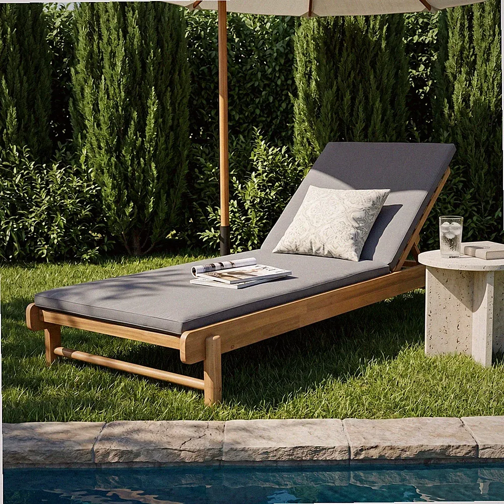 Acacia Wood Chaise Lounge Set w/ Dark Grey Cushion, 400 lbs Capacity