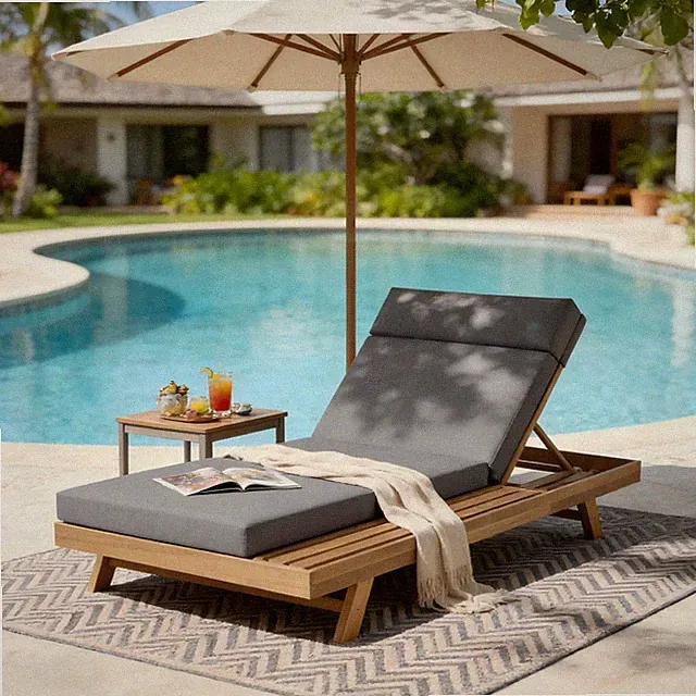 Acacia Wood Chaise Lounge Set w/ Headrest & Water-Resistant Cushion
