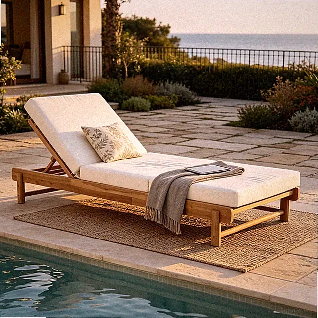 Acacia Wood Chaise Lounge Set with 3-Fold Cream Cushion, 400 lbs Capacity