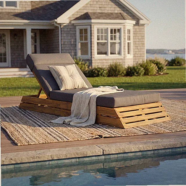 Acacia Wood Chaise Lounge Set with 4-Fold Dark Grey Cushion & Headrest