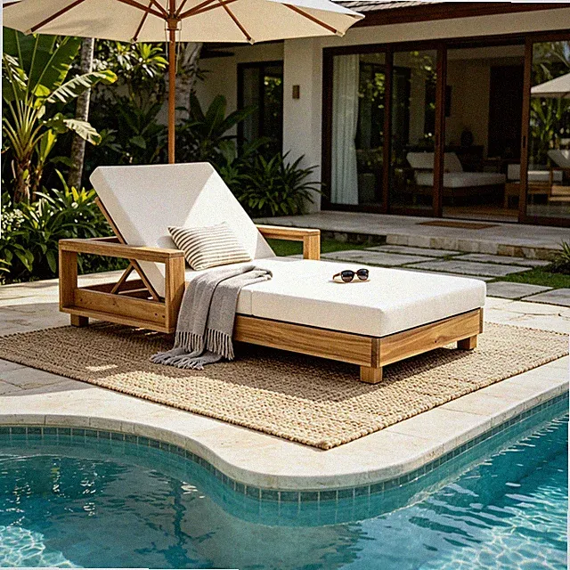Acacia Wood Chaise Lounge Set with 4" Thick Cream Cushion 400 LBS