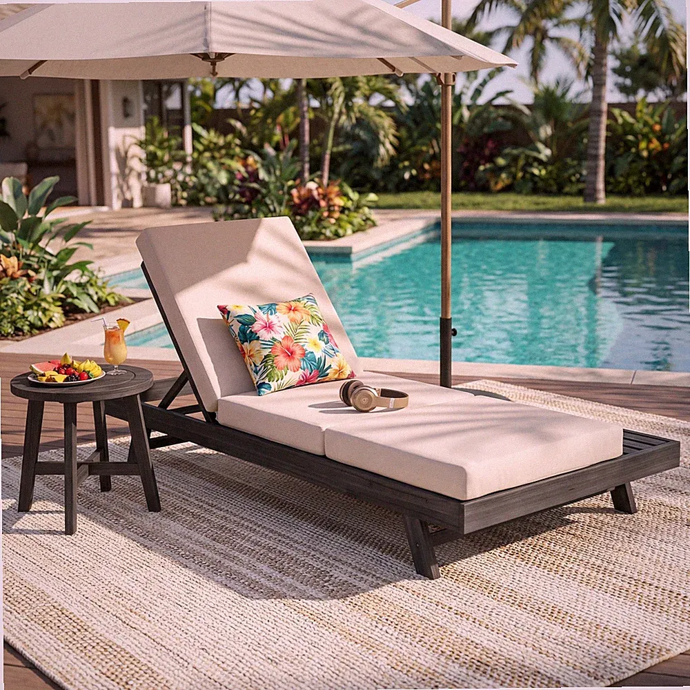 Acacia Wood Chaise Lounge Set with Adjustable Backrest & Cushion