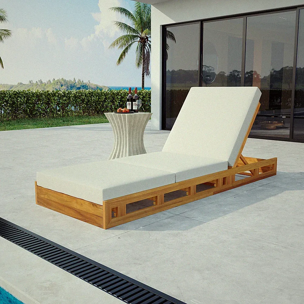 Acacia Wood Chaise Lounge Set with Cream Cushion, 4-Position Adjustable