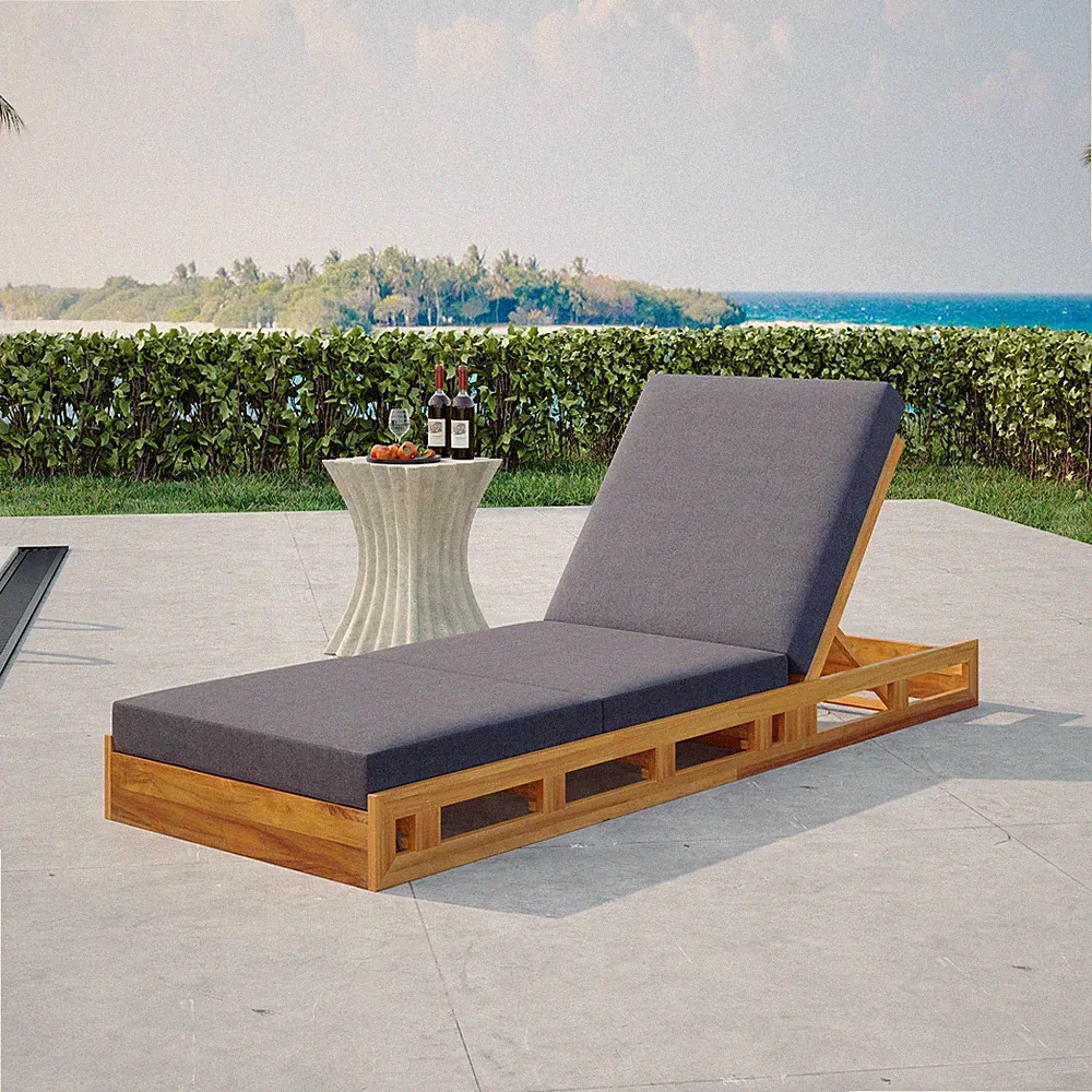 Acacia Wood Chaise Lounge Set with Dark Gray Water-Resistant Cushion