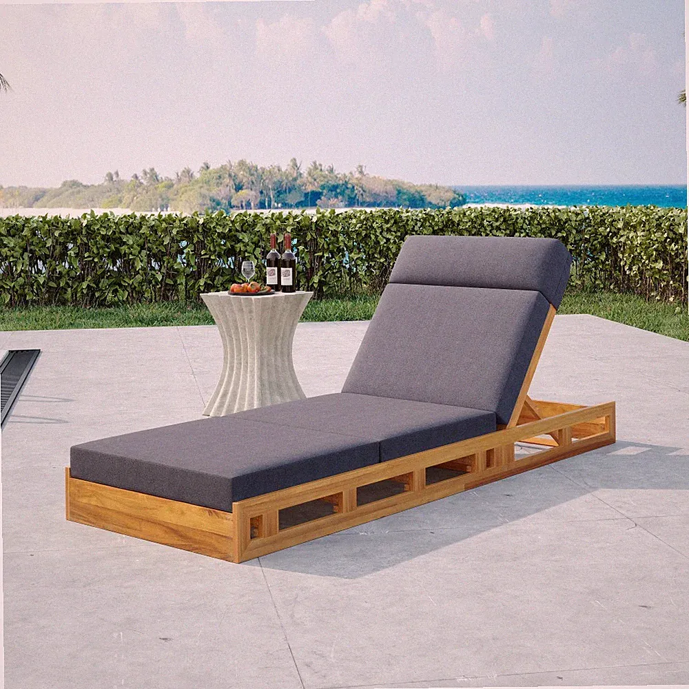 Acacia Wood Chaise Lounge Set with Headrest & Dark Grey Cushion