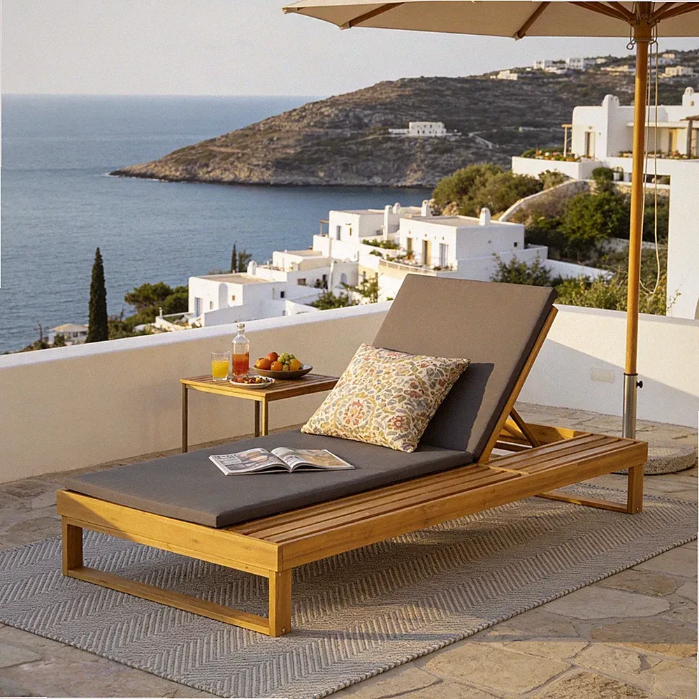 Acacia Wood Chaise Lounge with 1.57" Dark Gray Cushion, 4-Position Adjustable