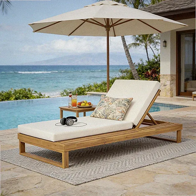Acacia Wood Chaise Lounge with 4" Cream Cushion, 4-Position Adjustable