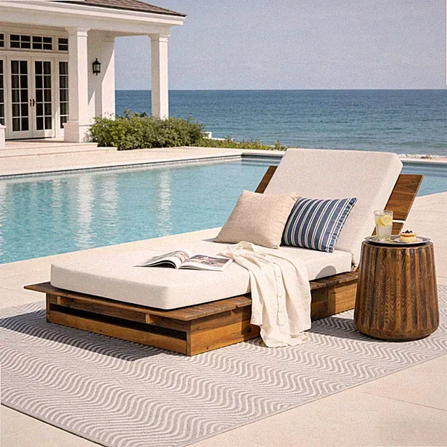 Acacia Wood Chaise Lounge with 4" Thick 3-Fold Cream Cushion