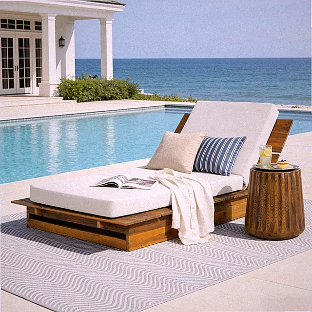 Acacia Wood Chaise Lounge with 4" Thick Cream Cushion, 400 lbs Capacity