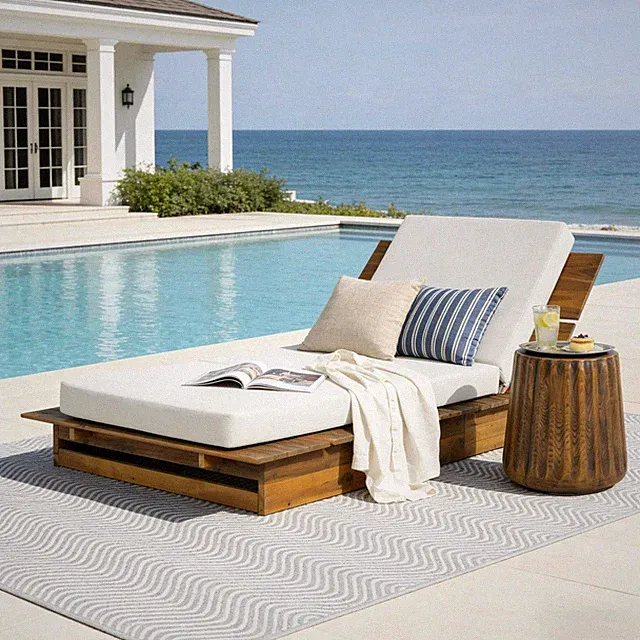 Acacia Wood Chaise Lounge with 4" Thick Cream Cushion