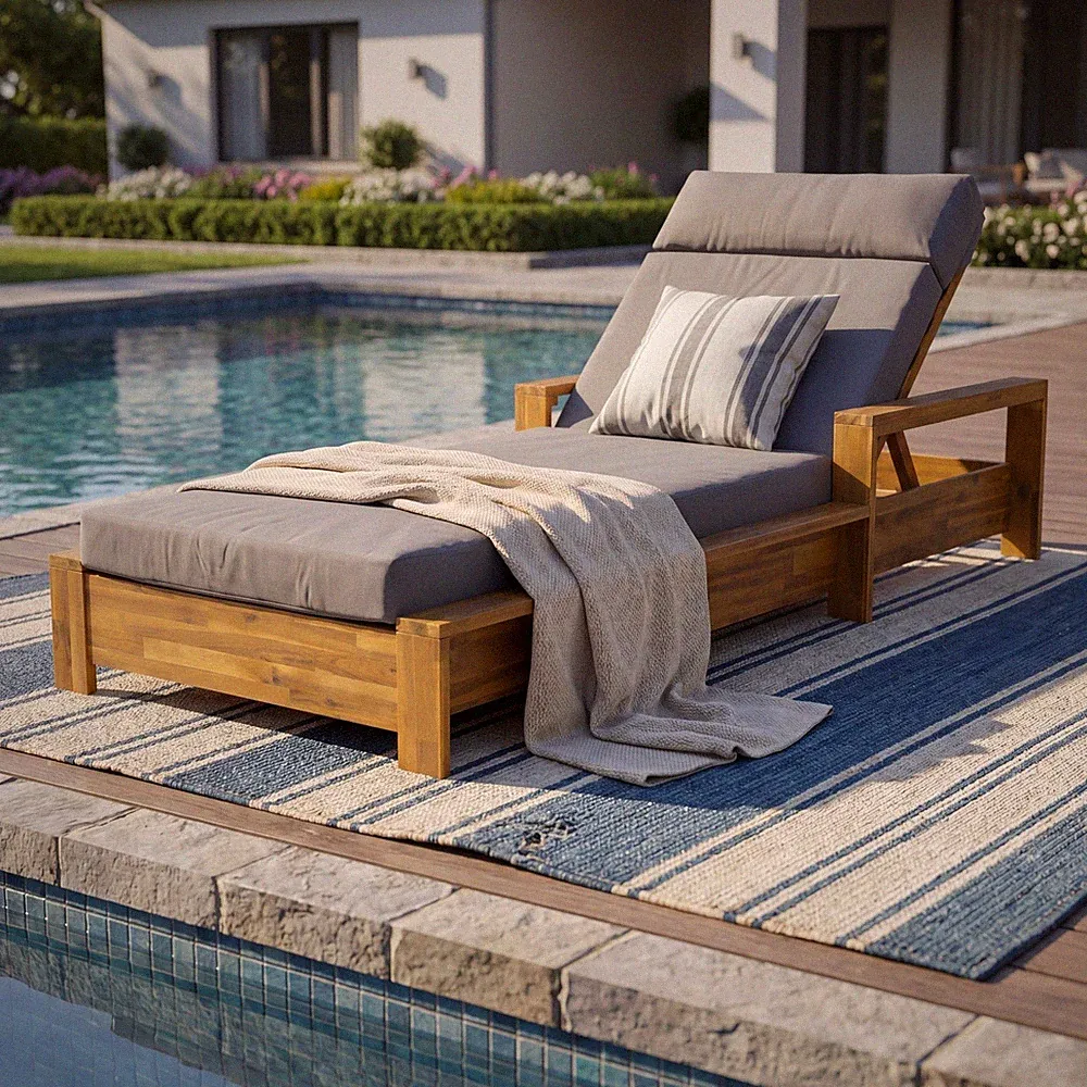 Acacia Wood Chaise Lounge with Adjustable Backrest & 400 lbs Capacity