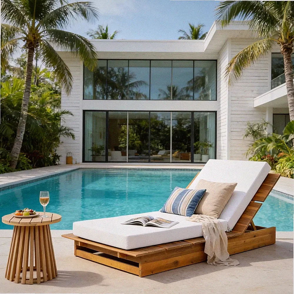 Acacia Wood Chaise Lounge with Cream Cushion, 3-Position, 400 lbs