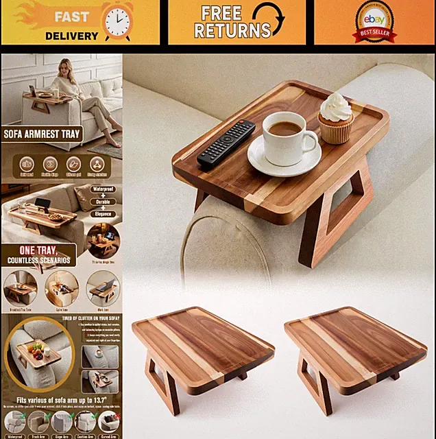 Acacia Wood Couch Armrest Table - Sofa Tray for Snacks, Phone & Drinks