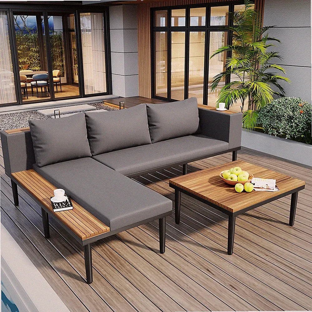 Acacia Wood Gray Outdoor Sectional Sofa Set with Cushions Seats 6