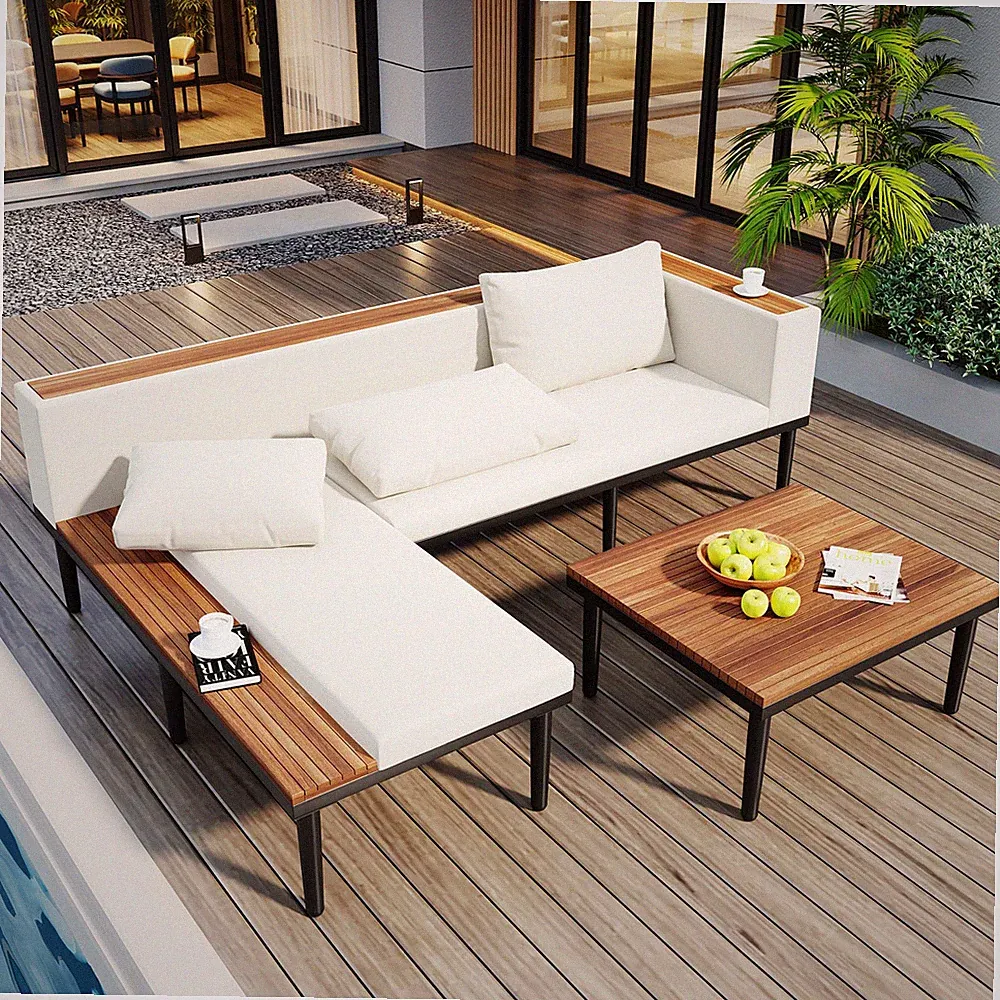 Acacia Wood L-Shaped Outdoor Sectional Sofa Set with Coffee Table