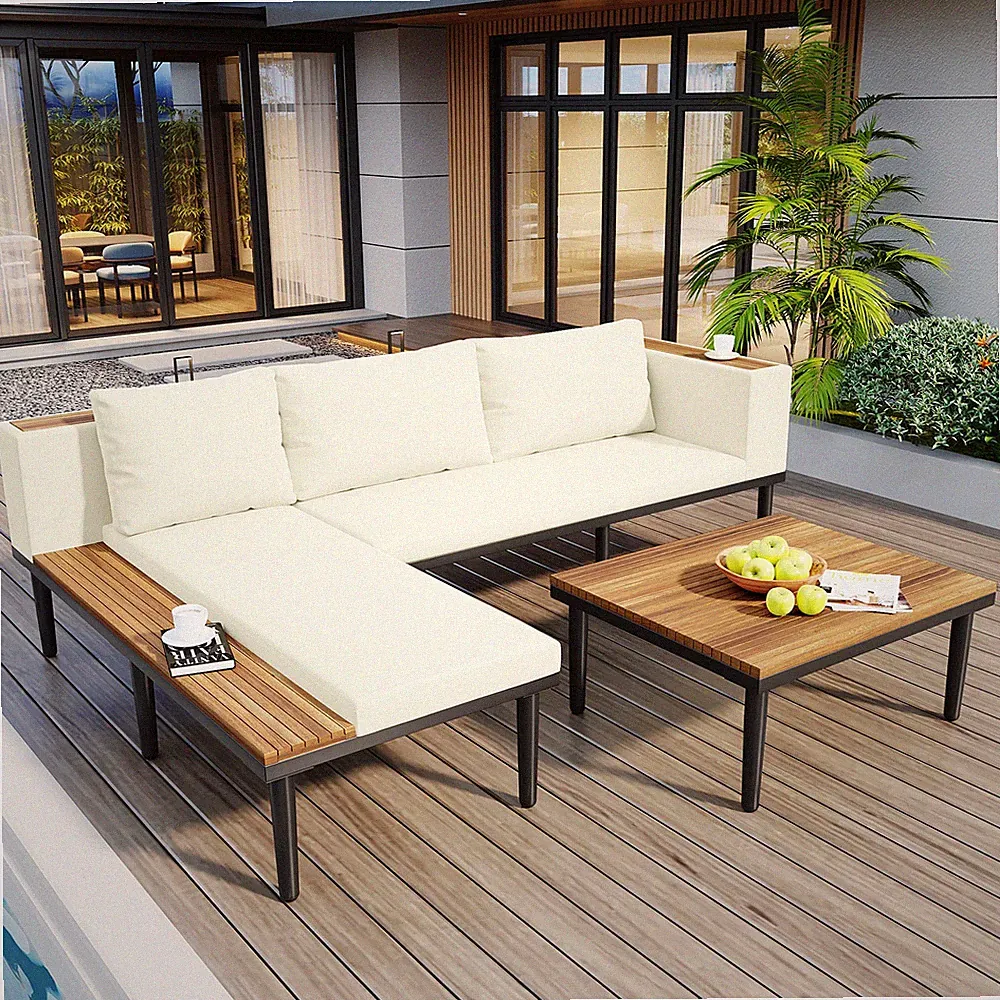 Acacia Wood L-Shaped Outdoor Sectional Sofa Set with Cushions