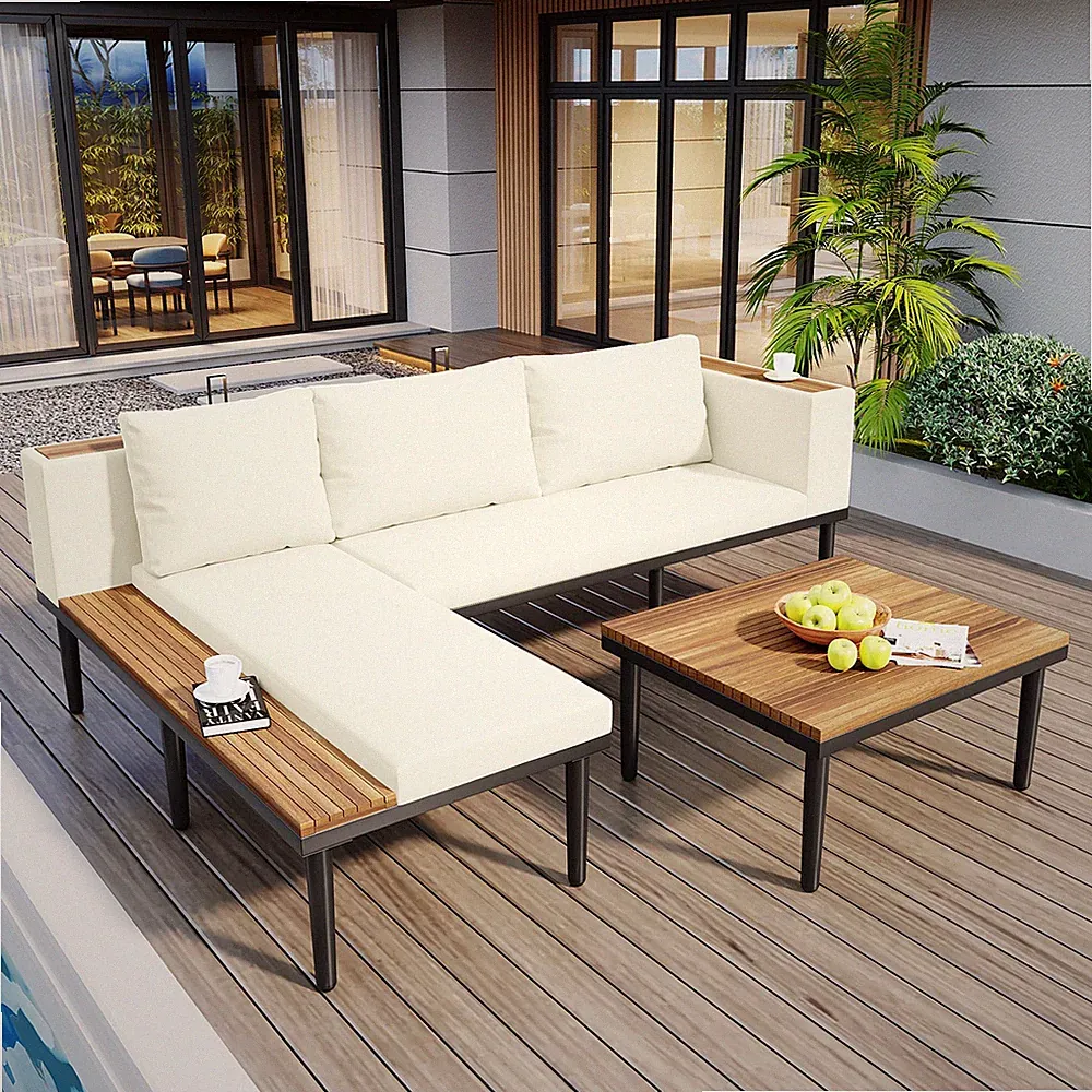 Acacia Wood L-Shaped Outdoor Sectional Sofa Set with Cushions Beige