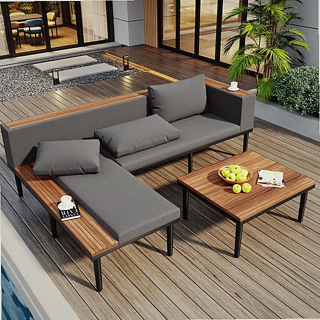 Acacia Wood L-Shaped Patio Sofa Set with Removable Cushions & Table