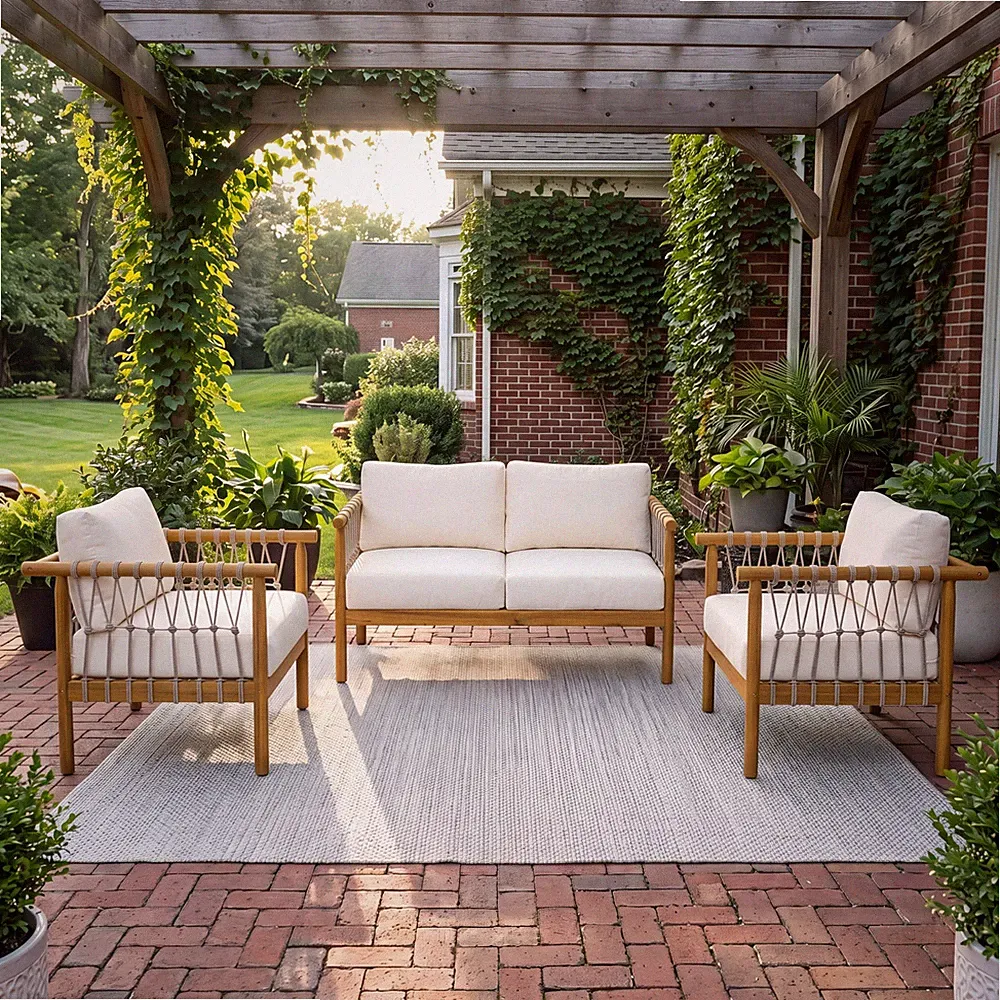 Acacia Wood Loveseat & 2 Armchairs Patio Set With Cushions