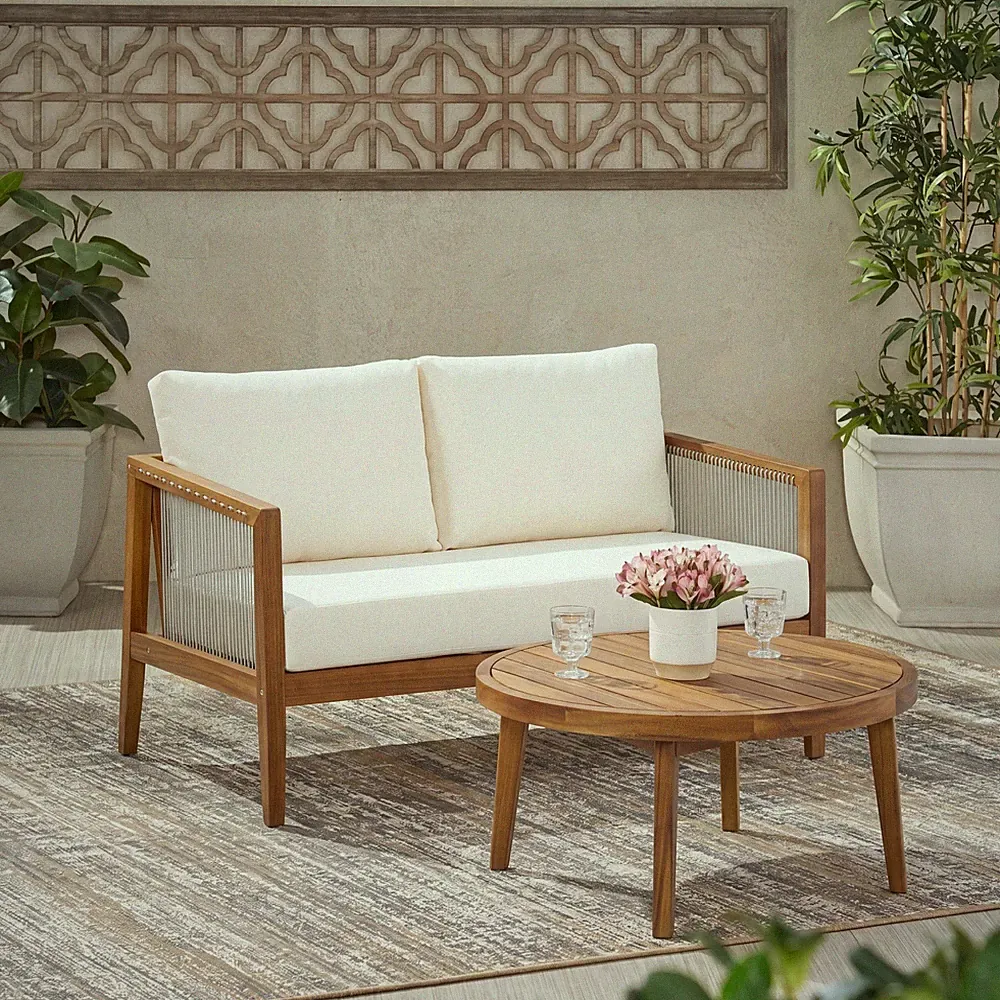 Acacia Wood Loveseat & Coffee Table Set with Beige Cushions, Teak Finish