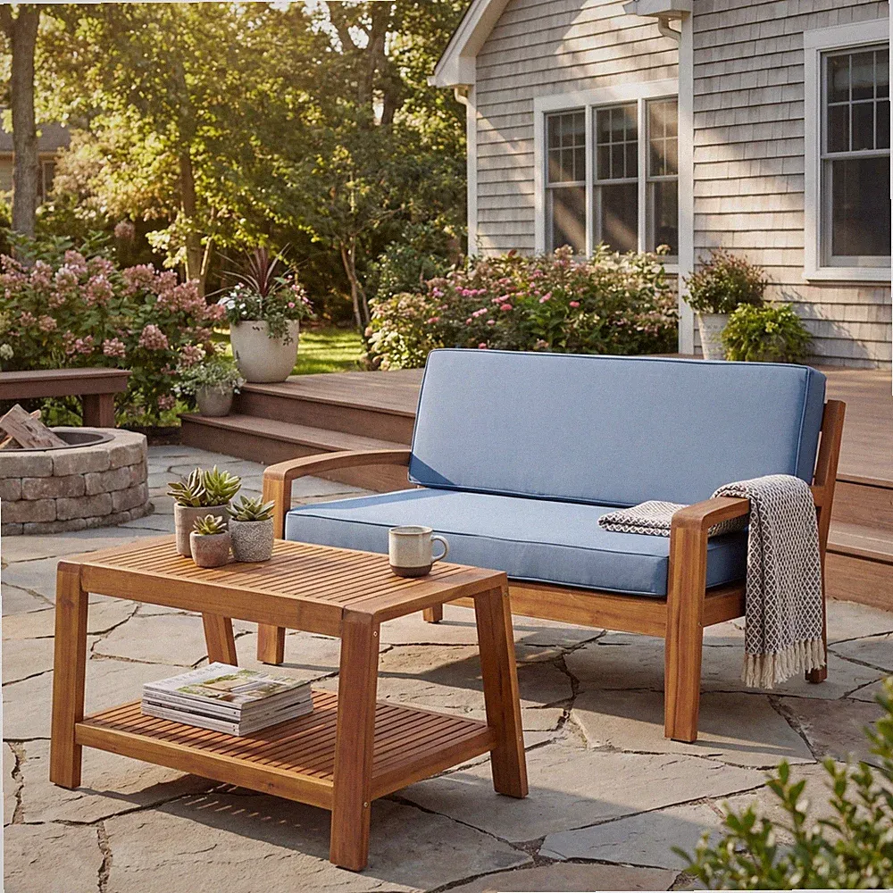 Acacia Wood Loveseat & Coffee Table Set With Blue Cushions