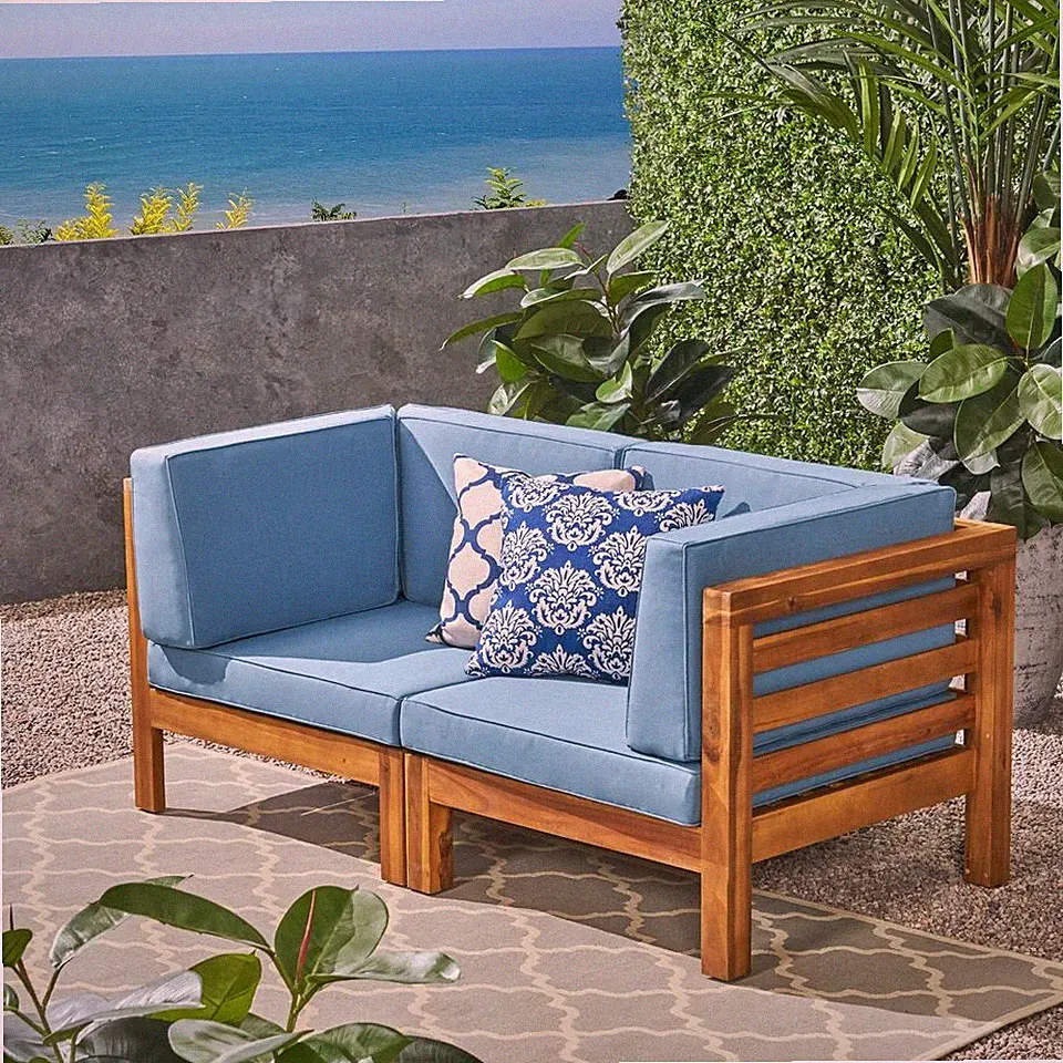 Acacia Wood Loveseat Set with Water-Resistant Cushions, Blue