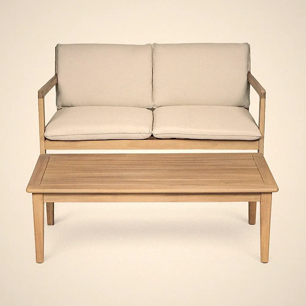 Acacia Wood Loveseat w/ Table - Light Teak Frame, Beige Water-Resistant Cushions