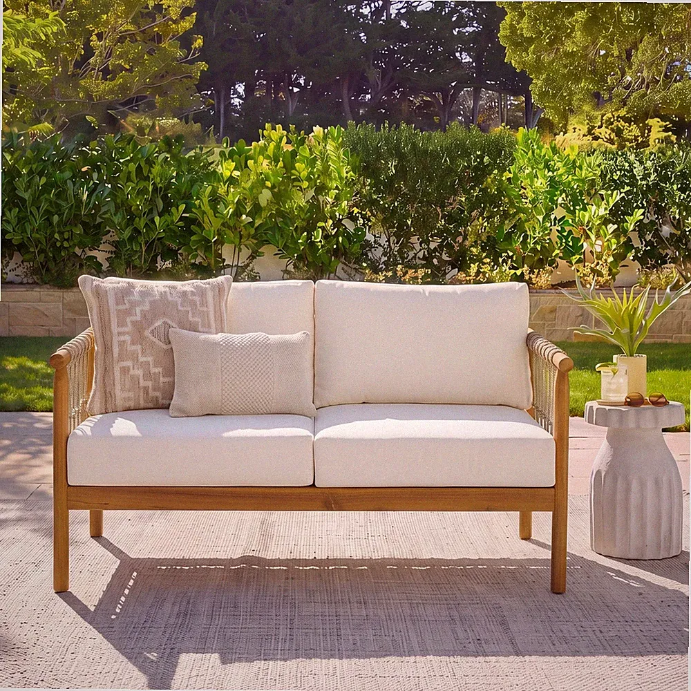 Acacia Wood Loveseat with Cream Cushions, Beige Rope, 52" W