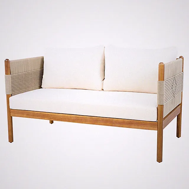 Acacia Wood Outdoor Loveseat with Cushions & Rope Weave, Teak Finish