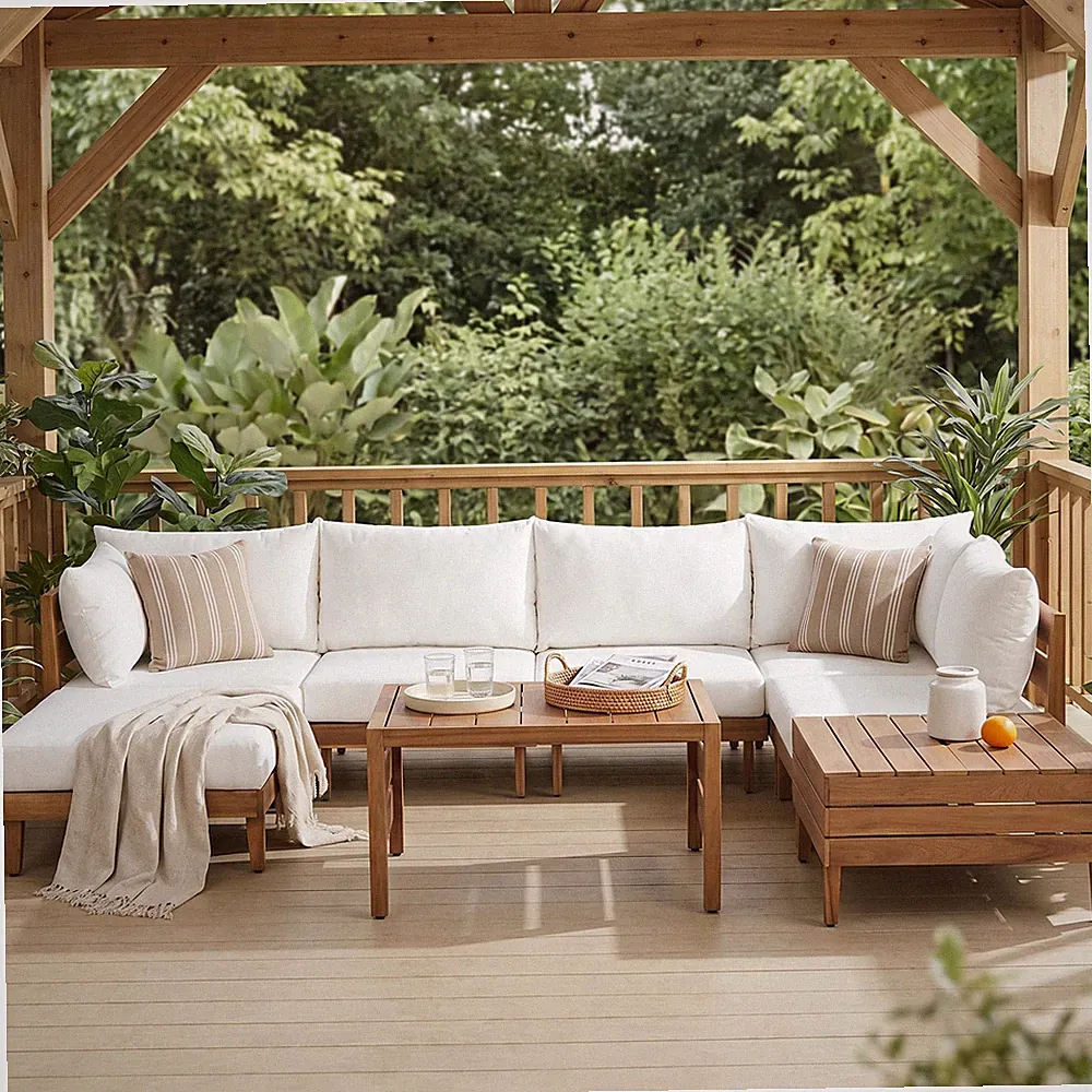 Acacia Wood Outdoor Patio Sofa Set with Storage Table and Cushions