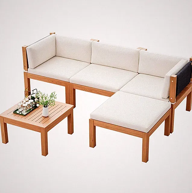 Acacia Wood Outdoor Sectional Sofa Set with Coffee Table & Cushions