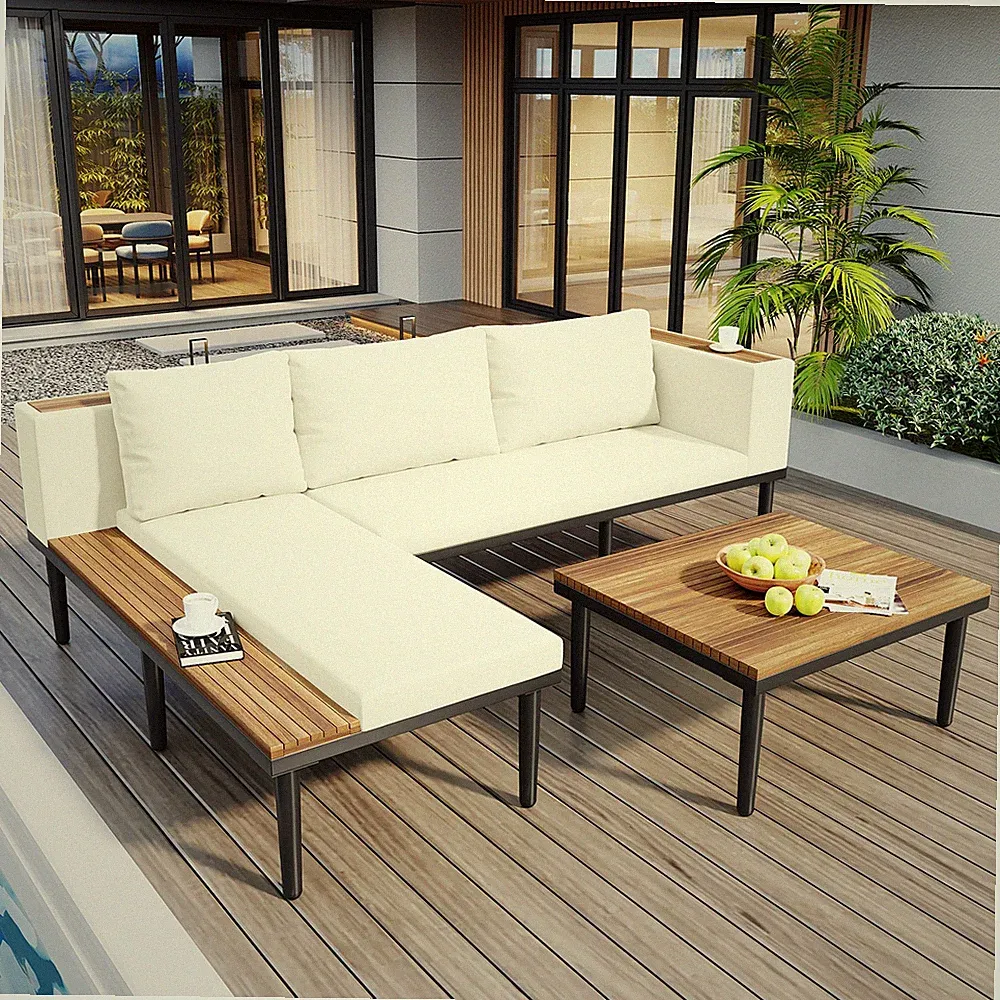 Acacia Wood Outdoor Sectional Sofa Set with Cushions and Coffee Table