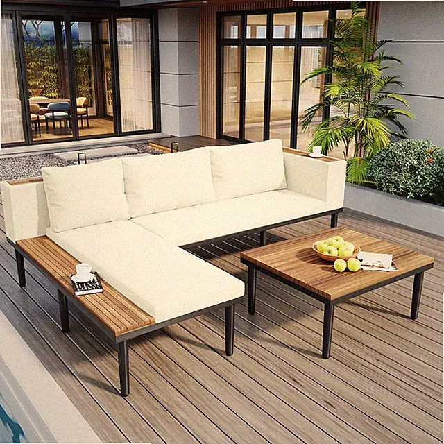Acacia Wood Outdoor Sectional Sofa Set with Cushions, Beige