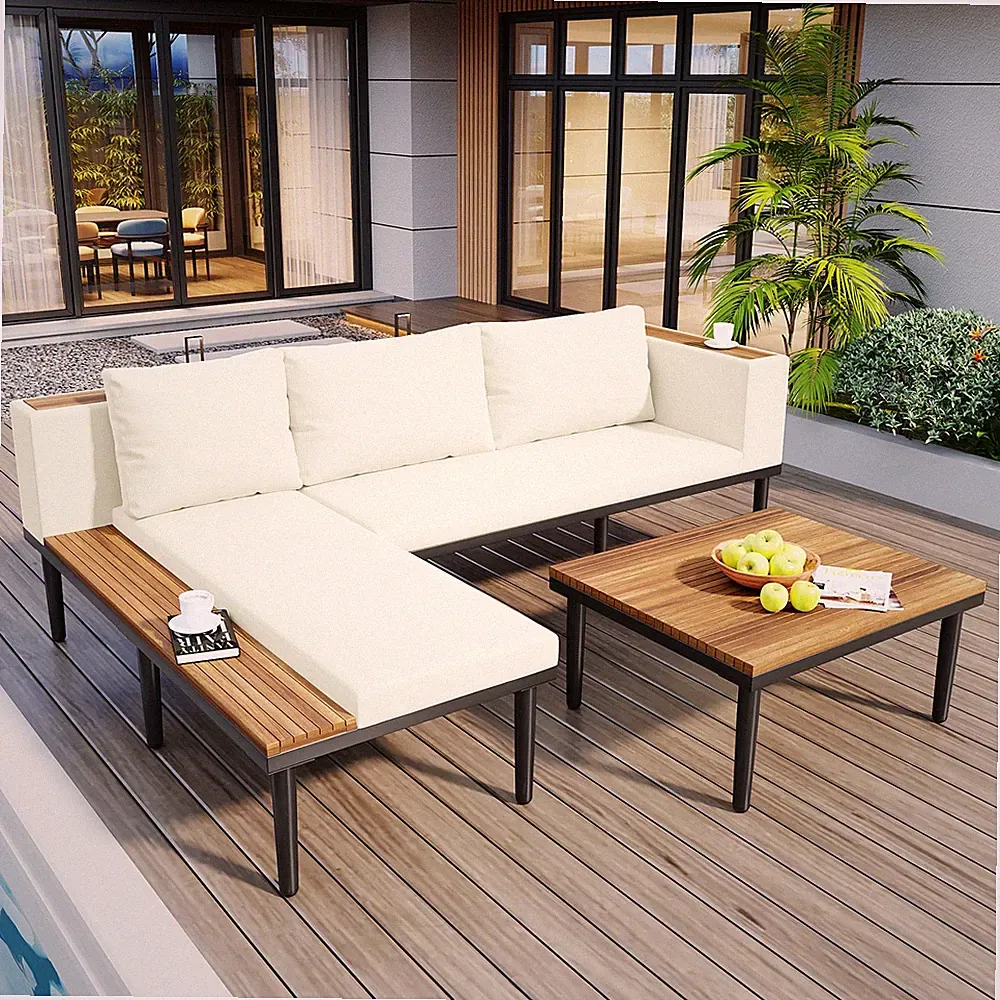 Acacia Wood Outdoor Sectional Sofa Set with Cushions Coffee Table