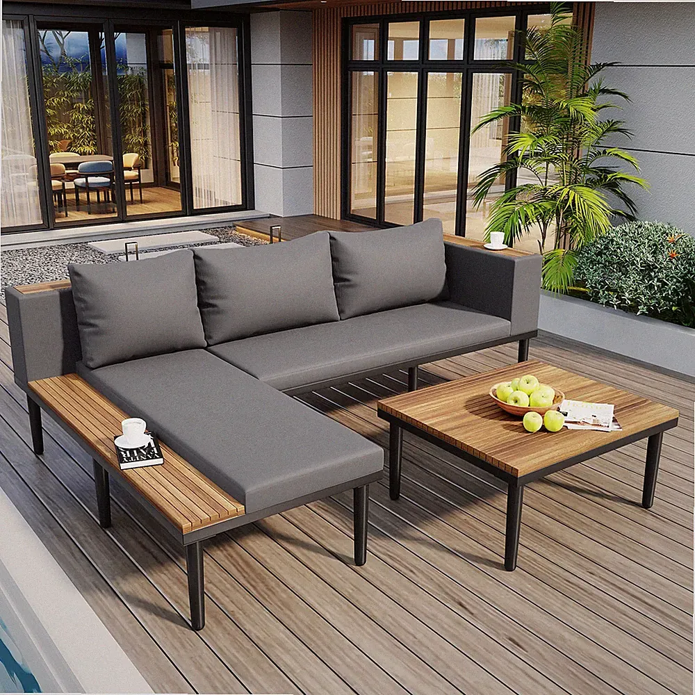 Acacia Wood Outdoor Sectional Sofa Set with Cushions, Gray