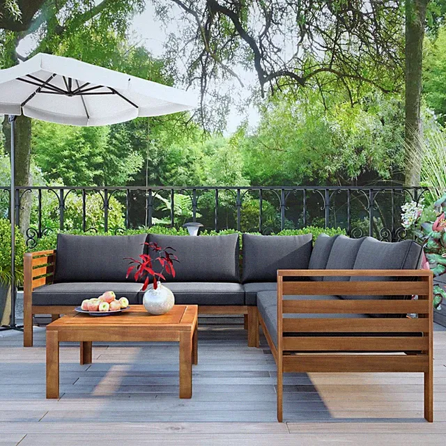 Acacia Wood Outdoor Sofa Set Water Resistant UV Cushions Patio Conversation Set
