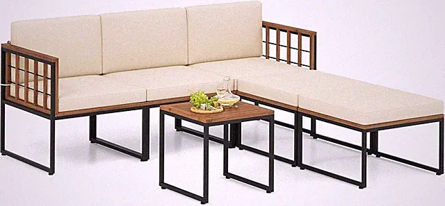 Acacia Wood Patio Furniture Set with Cushions, Coffee Table & Ottomans - Beige