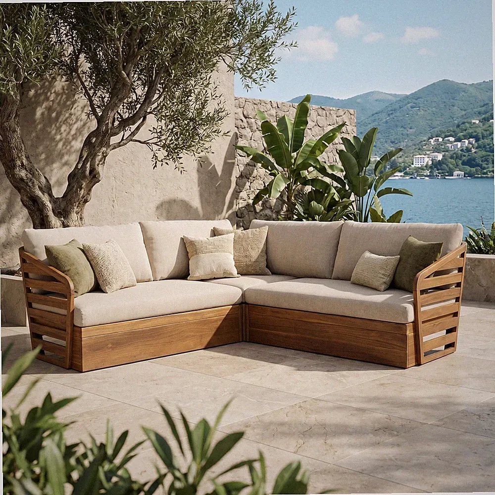 Acacia Wood Patio Sectional Sofa Set, 2 Seater, Beige
