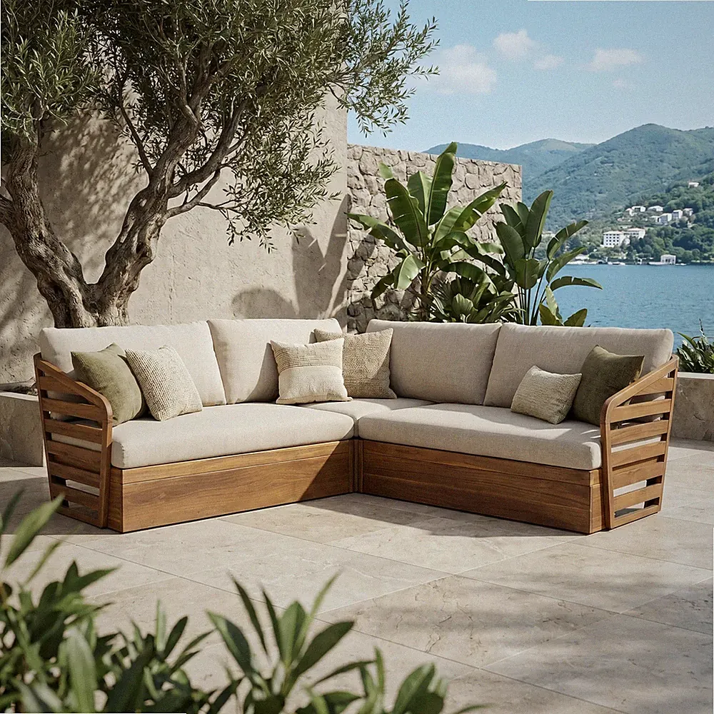 Acacia Wood Patio Sectional Sofa Set, 2 Seater, Teak Beige