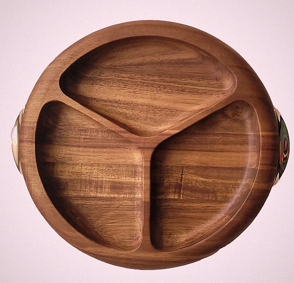 Acacia Wood Serving Tray 13” round 3-Section gold handles, Boxiki Kitchen decor.