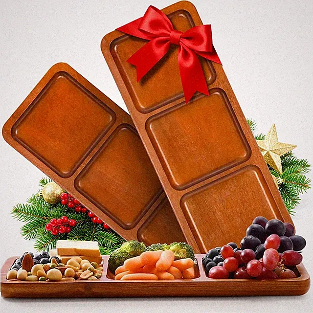 Acacia Wood Serving Tray, 14" x 5.5" Wooden Serving Platter, 3 Section Rectan...