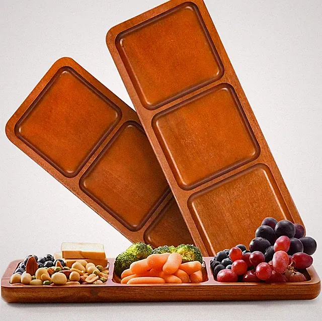 Acacia Wood Serving Tray, 14" X 5.5" Wooden Serving Platter, 3 Section Rectangul