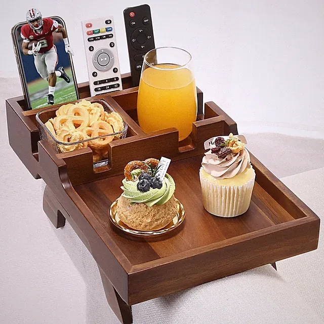 Acanacle Couch Arm Table with Dual Cup Holders, Acacia Wood Sofa Arm Tray