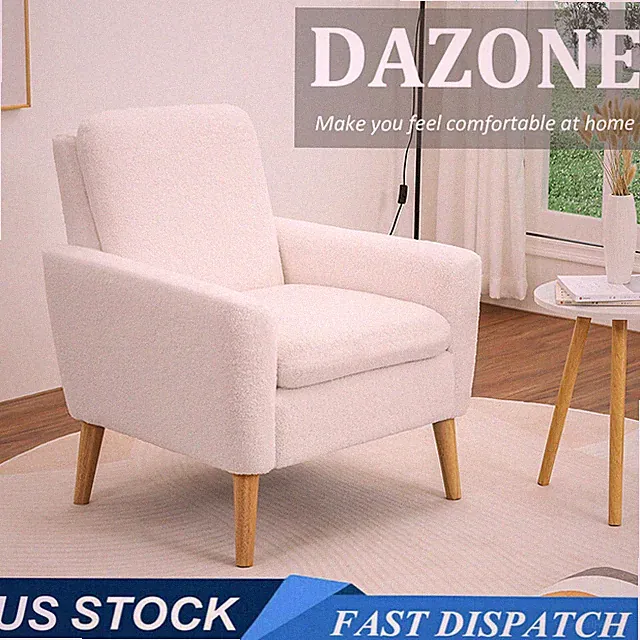 Accent Chair White Teddy Fabric Upholstered Comfy Armchair Single Sofa Wood Legs