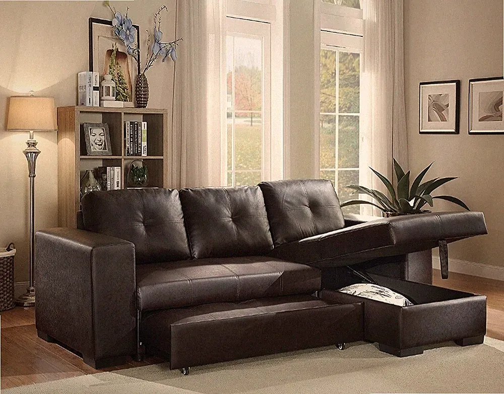 ACME FURNITURE Lloyd Black Faux Leather Sectional Sofa with Sleeper